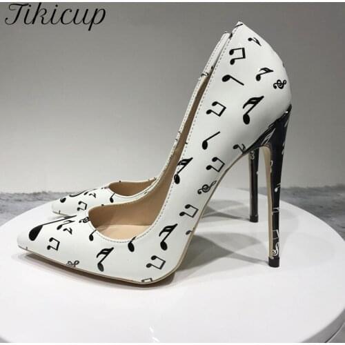 Tikicup Melody Printed Women White Patent Pointed Toe High Heels Slip On Stilettos Pumps Chic Ladies Dress Shoes Plus Size 44 45