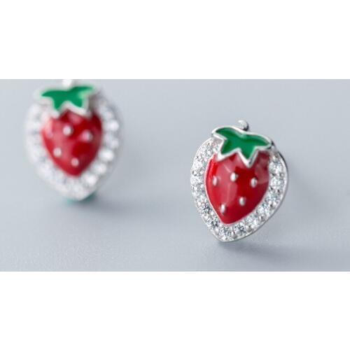 MloveAcc Fashion 925 Sterling Silver Earrings Red Enamel Strawberry Shape Stud Earrings for Women Boucle D'oreille Jewelry
