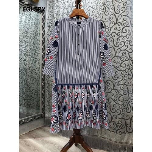 Striped Dress 2020 Autumn Fashion Style Women Color Block Floral Embroidery 3/4 Sleeve Slim Fitted A-Line Casual Cotton Dress