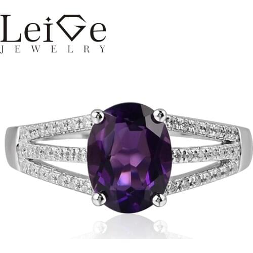 Leige Jewelry Natural Amethyst Purple Color 925 Sterling Silver February Birthstone Oval Cut Engagement Rings For Woman