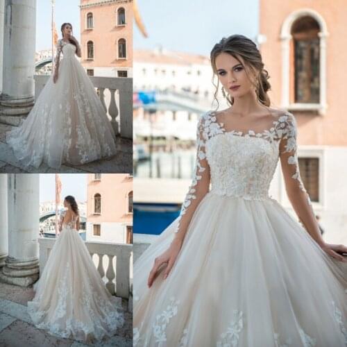 Vintage Long Sleeve Wedding Dress 2019 Lace Applique Tulle Beach Bridal Gowns Vestido De Novia Buttons Back Custom Made