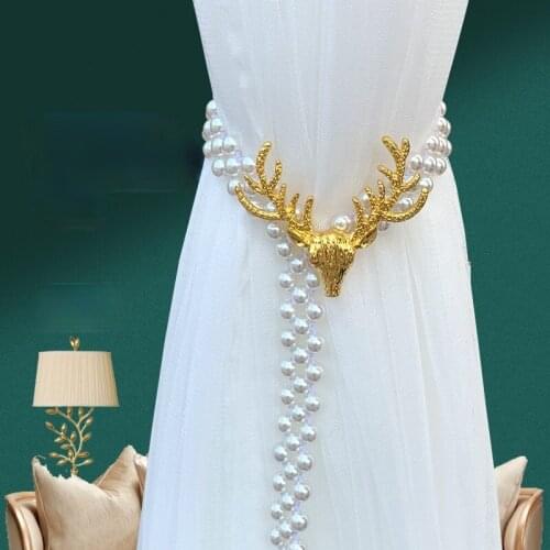 1 PC Nordic metal curtain with elk head pearl rope elastic creative hook curtain