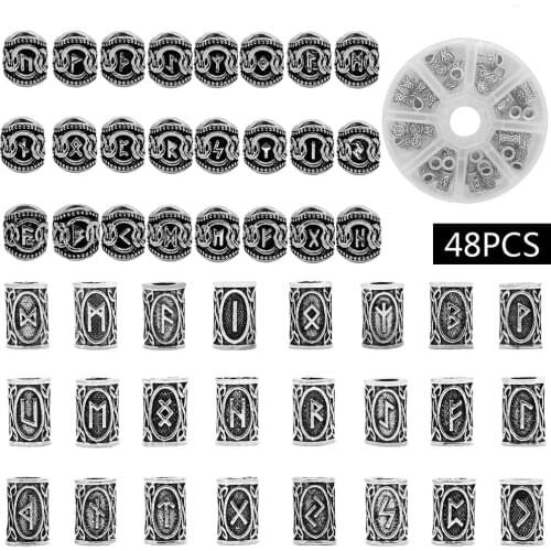 48 Pcs/set Men Hair Beard Braiding Beads Norse Vikings Runes Pattern Hair Jewelry Decor for Bracelets Necklace DIY Accessories