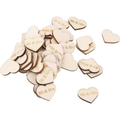 50pcs Mr Mrs Wooden Heart Shaped Scrapbooking Embellishment Wedding Decor Ornament Unfinished Natural Wood Gifts Crafts Supplies