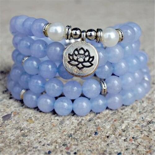 8mm Aquamarine 108 Beads Handmade Lotus Pendant Bracelet Necklace Japa Buddhism Chakra Religious