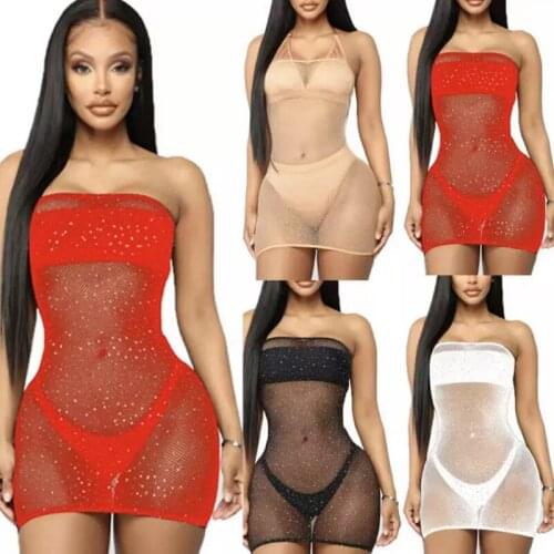 Fishnet Bikini Cover Ups For Women 2020Fashion Sexy Slim Sleeveless Hollow See Through Bling Crystal Mid Dress Beachwear