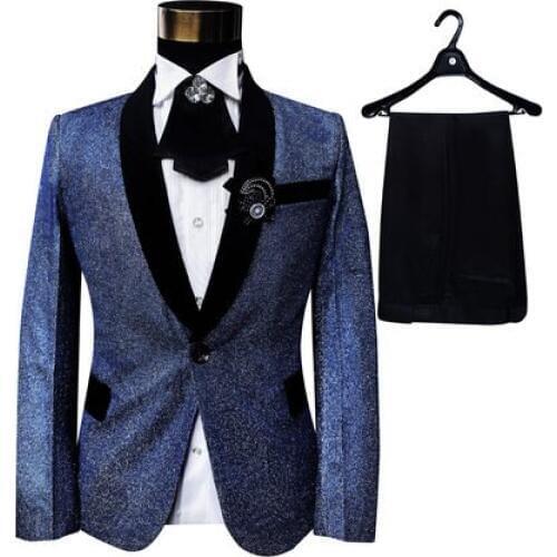Freeship 100%real mens silver blue tuxedo suit with collar flower/event/studio/stage performance/jacket with pants