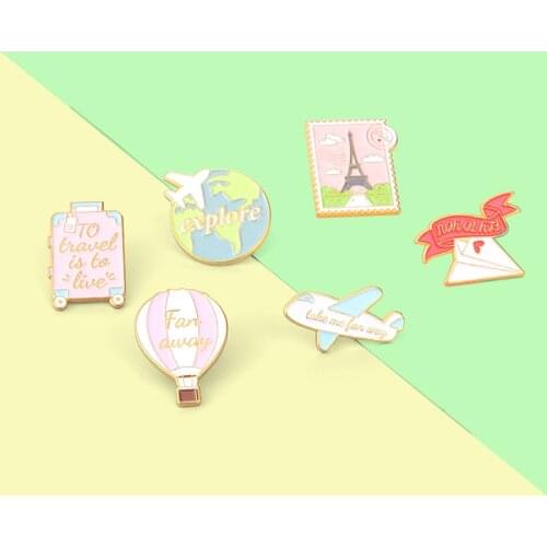 Explore Plane Enamel Pins Cartoon Tower Luggage Brooches Backpack Caps Accessories for People Who Love Travel Custom Jewelry