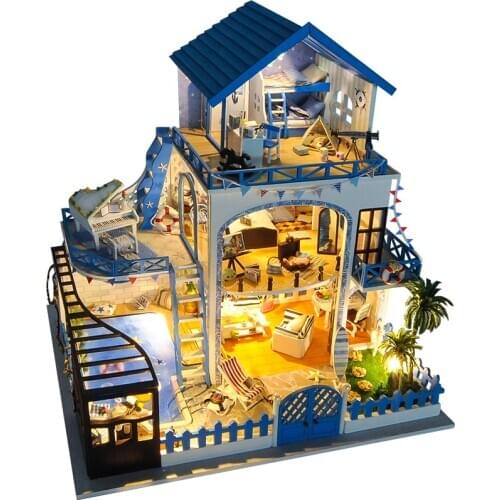 DIY Aegean Sea Blue Large Villa Wooden Dollhouse Miniature Furniture With LED Doll Houses Assemble Toys Children Birthday Gift