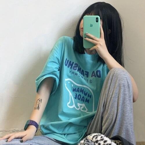 Pure Cotton Korean Version Of The New Summer Short-Sleeved T-Shirt Female Loose Student Harajuku Style Ins Tide Bear Print Top