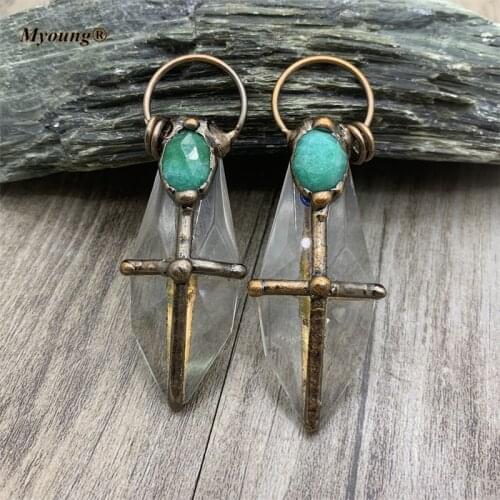 Faceted Glass Crystal Cross Necklace Pendant With Green Jades Bead Paved Vintage Boho Jewelry MY210647