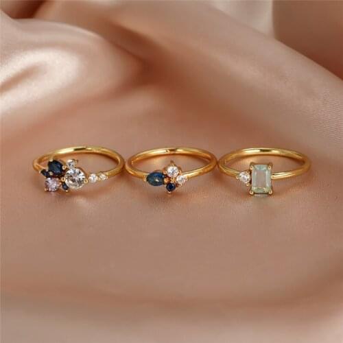 White Blue Crystal Zircon Flower Ring Sets For Women Wedding Jewelry Vintage Fashion Yellow Gold Engagement Rings Jewelry Set