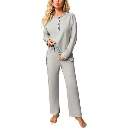 Tracksuit Women Grey Casual 2 Piece Tracksuit Pocket Elastic Waist Wide Leg Pants+Button O-Neck Long Sleeve Top Femme Pant Suits