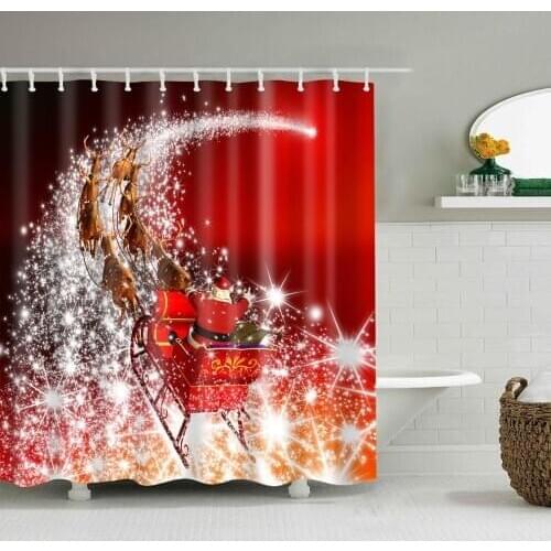 Red Christmas Series Shower Curtain Galaxy Sleigh Bath Accessories with 12 Hooks Waterproof Fabric Bathroom Xmas Decoration