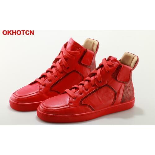 Red Leather Men Casual Shoes Lace Up High Tops Flats Fashion Patchwork Mens Sneakers Round Toe Plus Size Customized Board Shoes