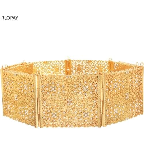 Moroccan Fashion Body Jewelry for Women Hollow Pattern Golden Wedding Dress Belts Crystal Belly Chain Kaftan Belts