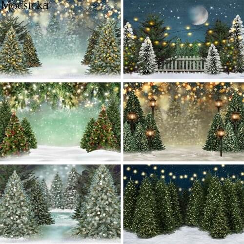 Mocsicka Christmas Tree Winter Snow Photography Backdrops Snowfield Warm Light Bokeh Decor Photographic Studio Photo Backgrounds