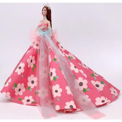 1/6 BJD Doll Clothes Off Shoulder Pink Floral Princess Dress For Barbie Clothes Wedding Gown 30cm Dolls Accessories Kid Toy Gift