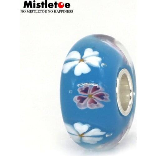 Mistletoe Jewelry 925 Sterling Silver 3D Flowers Blooming Sakura Murano Glass Charm Bead Fit European Bracelet