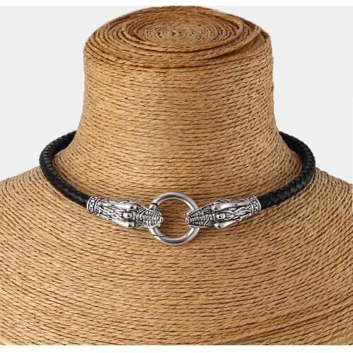 1pcs Black Braid Genuine Leather Choker Necklace Dragon Clasp Collar Necklace Jewelry 13''-17