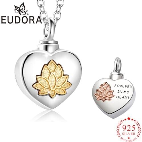Eudora 925 Sterling Silver Cremation Urns Ashes Pendant Necklace Lotus Flower Keepsake Locket for Ashes Prayer memorial G006
