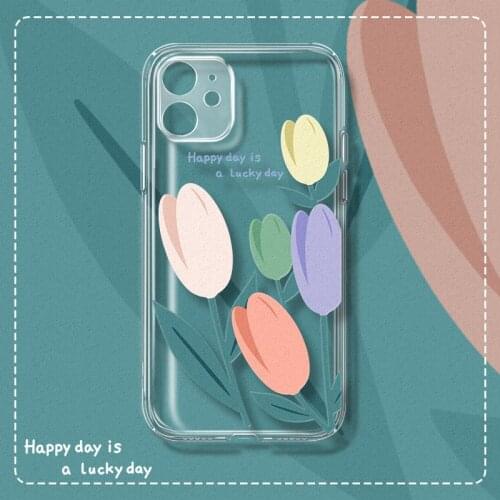 Retro Sweet color tulip Flower art Transparent Phone Case For iPhone 11 12 Pro Max Xr Xs Max 7 8 Plus 7Plus case Cute Soft Cover