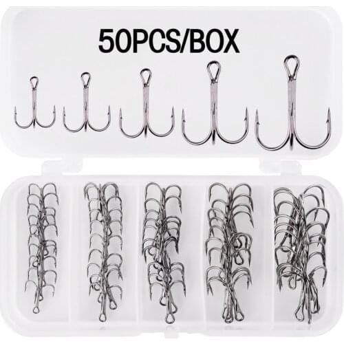 FANGBLUE 50Pcs Silver Barbed Treble Fishing Hooks 2/4/6/8/10# Stainless Steel Bass Carp Winter Fishing Tackle 2021 Fish Hook Set