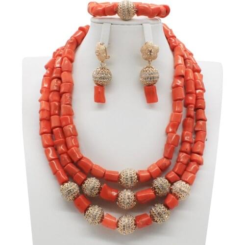 Fabulous Coral Wedding African Beads Jewelry Sets Luxury Dubai Gold Bride Costume Statement Necklace Jewelry Set CNR040