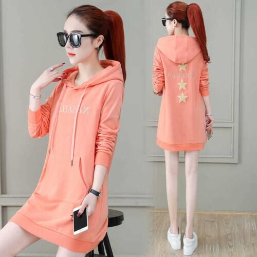 Letter Embroidery Casual Hooded Mid-Length Sweatshirt Women Spring Autumn Korean Loose Long Sleeve Pocket Hoodies Pullover Tops