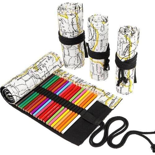 Canvas Map School Pencil Case 12/24/36/48/72 Holes Roll Pencilcase Large Multi Pencil Bag for Girls Boy Pen Bag Stationery Pouch
