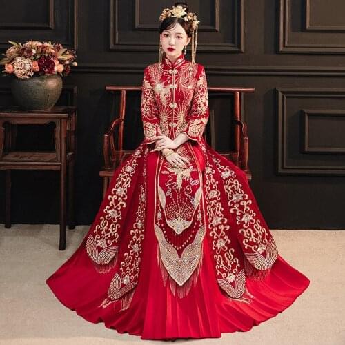 Elegant Bride Vintage Dragon Phoenix Embroidery High-quality Long Cheongsam Chinese Traditional Wedding Dress китайская одежда