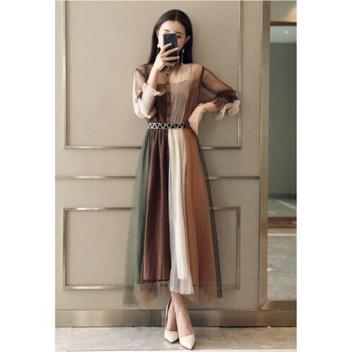 Autumn Women Long Sleeve Color Block A-Line Midi Dress Sashes Patchwork Flare Sleeve Turn-down Collar Vintage Dresses