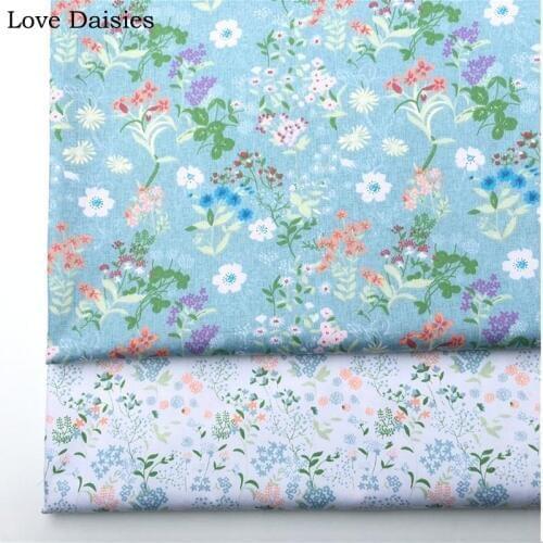 100% Cotton Twill BLUE-GREEN WHITE Pastoral Herb Small Flower Floral Fabrics for DIY Apparel Dress Sheet Craft Handwork Decor