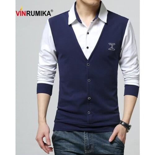 2020 Spring Autumn Men Casual Brand Cotton Gray Long Sleeve T-shirts Man Fashion Turn-down Collar Black Splice T-shirt Tees Tops