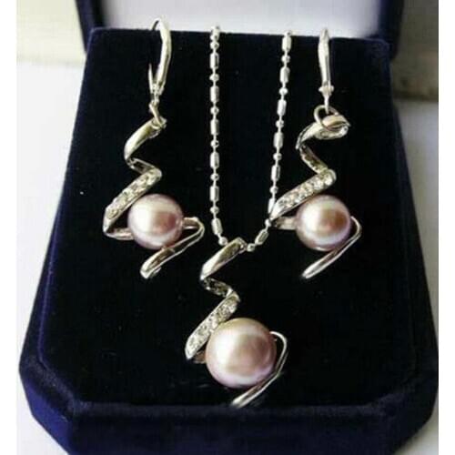 Free Shipping Natural Purple Akoya Cultured Pearl Pendant Necklace + Earrings Set AAA+ Jewelry