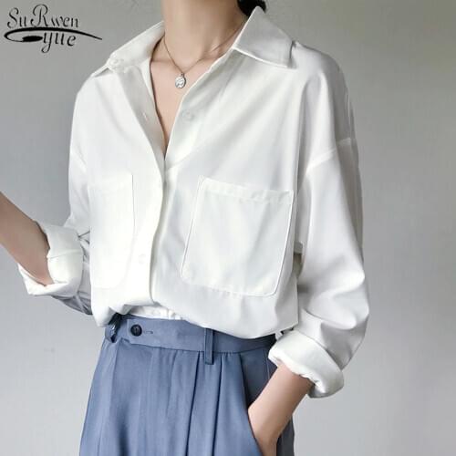 Loose Solid Womens Cardigan Blouse Female Blusas Mujer Plus Size 2021 New Chiffon Blouse White Long Sleeve Shirts Women 11338