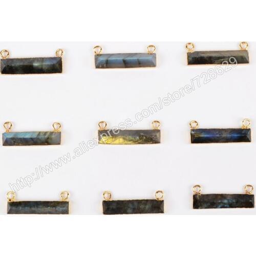 BOROSA 10pcs Gold Color Rectangle Pyramid Faceted Natural Labradorite Bar Connector Double Bails G0652