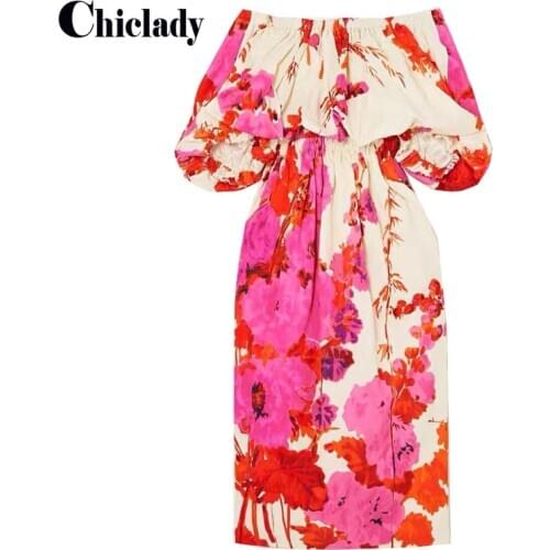 CHICLADY runway designer celebrity style flower printed midi slash neck high waist summer party dresses for women lace up mujer