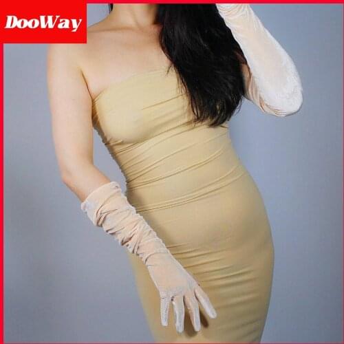 DooWay Rose Pink Long Velvet Women Fashion Gloves Touchscreen Elastic Evening Party Cosplay Warm Gloves