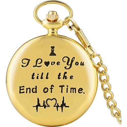 Luxury Black/Silver/Gold I LOVE YOU till the End of Time ECG Carved Word Quartz Pocket Watch Chain Jewelry Clock Valentines Day