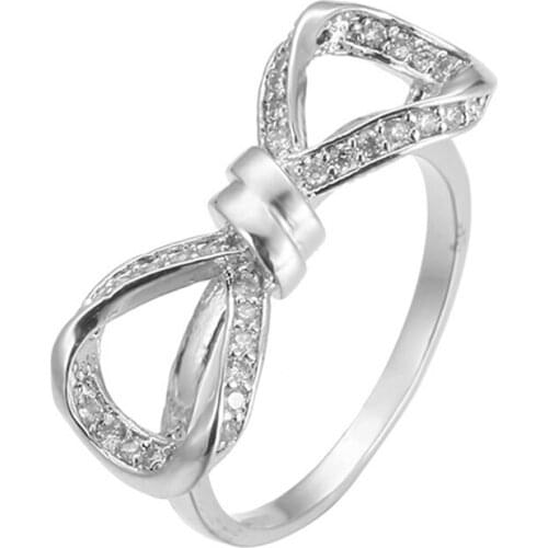Elegant Female Wedding Bow Geometric Ring Exquisite Crystal Zircon Silver Color Ring For Women Fashion Party Jewelry Girl Gift