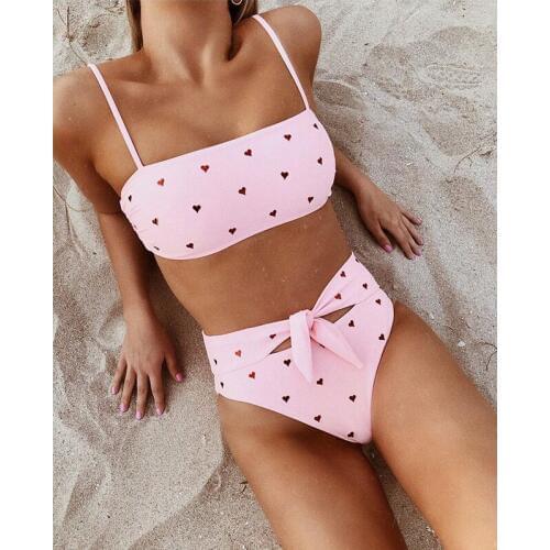 Pink Heart Print Bikini Set Sexy Bandeau High Waist Swimwear Biqini Brazilian Bathing Suits Summer Beach Wear Maillot De Bain