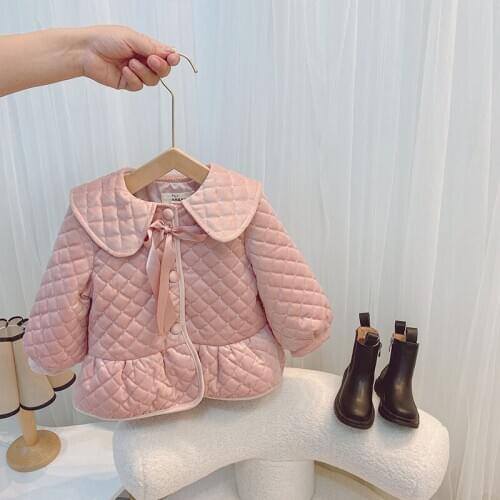 Plaid Warm Girls Jackets Cute Autumn Winter Clothes for Girl Bow Pink Black Toddler Coat 2-6T Outerwear for baby girls