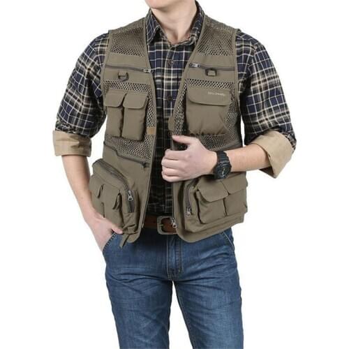 Summer Men Quick Dry Mesh Khaki Vest Multi-pockets Photographer Male Sleeveless Jackets Baggy Casual Reporter Waistcoat