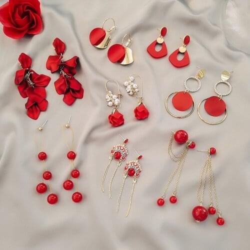 Korean Style Sweet Red Heart Flower Long Drop Earrings for Women Girls Geometric Round Floral Dangle Earring Wedding Jewelry