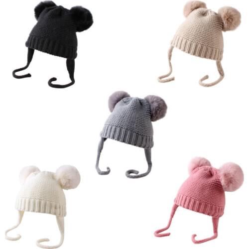 Cute Winter Warm Kids Girls Boys Baby Hats Knitted Wool Hemming Caps With Ball