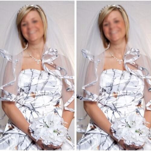 New White Camo Short Bridal Veils Real Tree Edge Elbow Length Camo Ribbon Edge Wedding Veils Hair Pieces With Comb