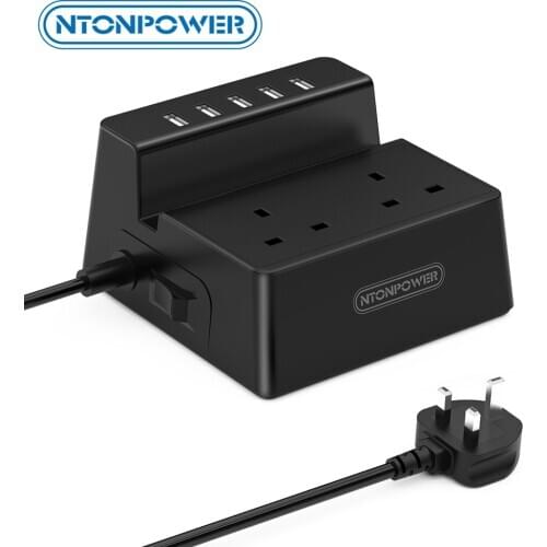 NTONPOWER 2 Way Extension Lead with 5 USB Sockets Switched Power Strip with Holder Desktop Electric Plug USB Charger For Office