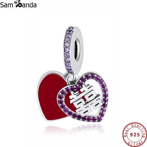 Original 100% 925 Sterling Silver Bead Charm Double Happiness Heart Pendant Chinese Charms Fit Bracelets Women Jewelry