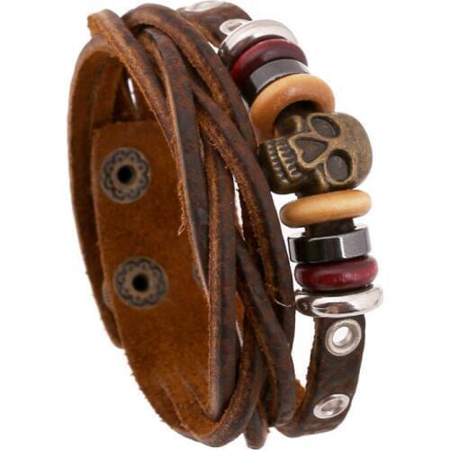 Punk Fashion Skull Beads Bracelet Cuff Men Rock Wide Wristband Weave Multilayer Leather Vintage Gothic Women Bangle Jewelry Gift